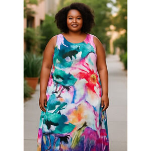 Avenue Maxi Dress Womens 22/24 Abstract Watercolor Sleeveless Stretch Boho Flowy